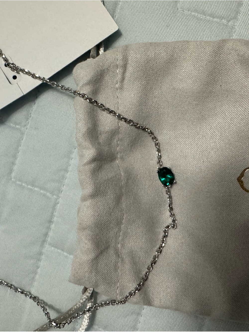 Kendra Scott Silver Necklace with Emerald Green Stone on a dust bag